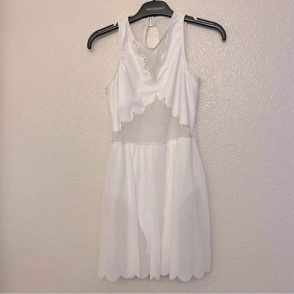 WEISSMAN solo custom Dance white Costume rhinestoned Scallop Hem Dress D10958 LC
